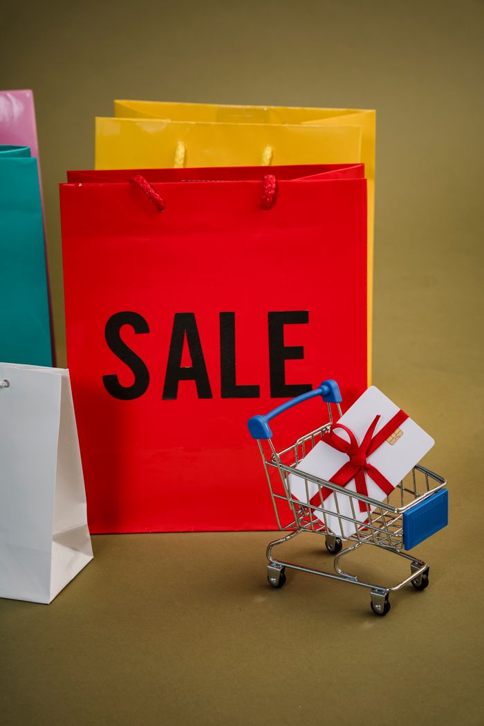 gallery-3 Colorful shopping bags with a mini cart holding a gift symbolize holiday sales and gift shopping.